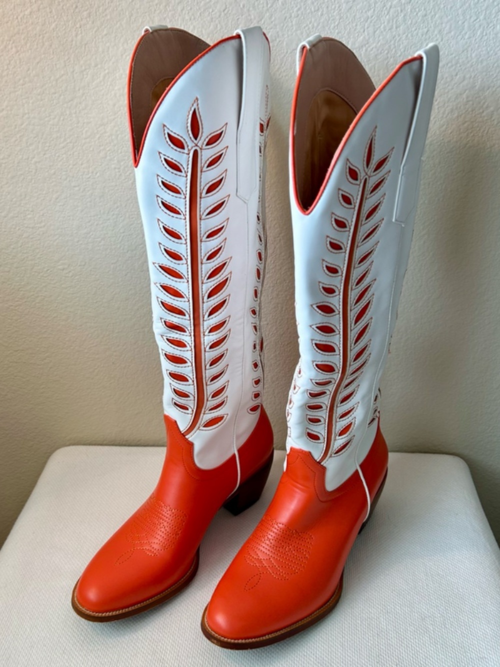 Cowboy Boot Tall Orange White Leaves Inlay Stitching Wide Calf Heel 1.5" Size 8 - Picture 10 of 13